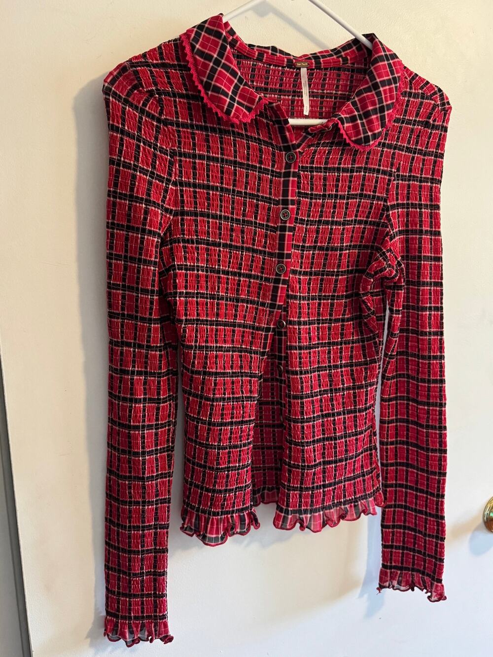 Free People 'Caught A Feeling Cardi' S Red Plaid Smocked Button Front Top